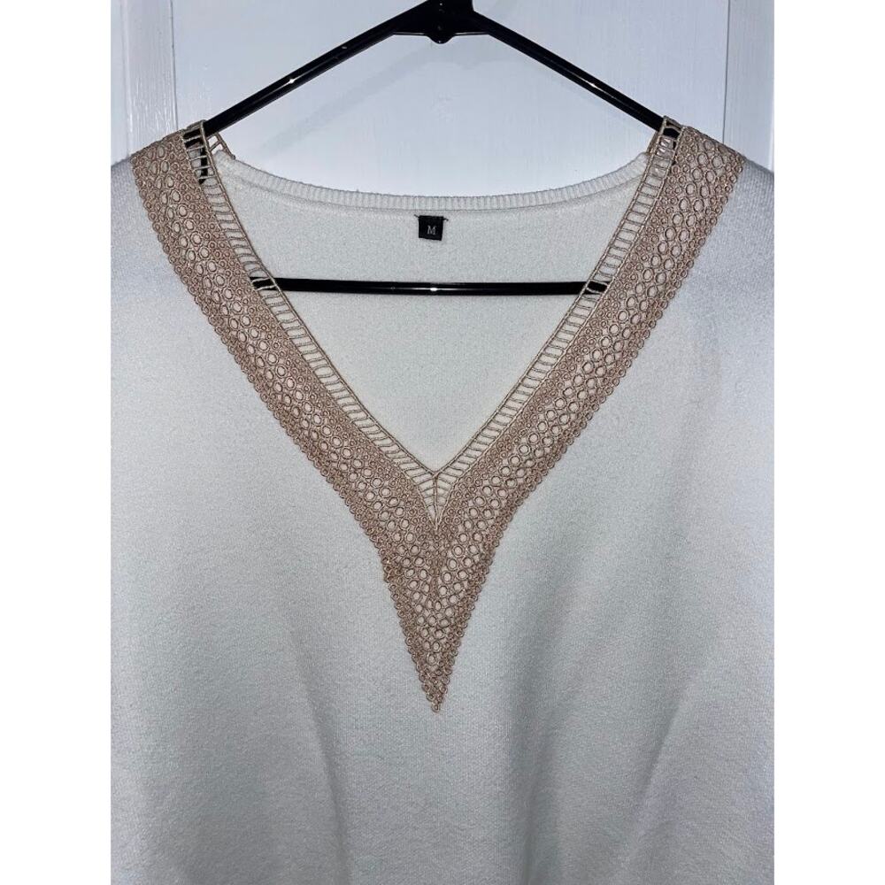 Womens Oversized V-Neck Ivory Sweater Pullover Crochet Knit Neckline Boho Cozy - Picture 3 of 12
